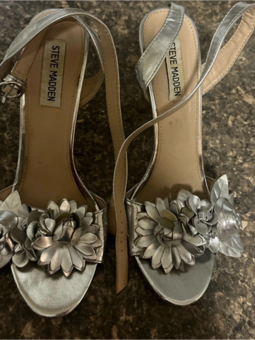 Steve Madden Metallic Silver Floral Ankle-Strap Heels